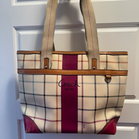 Coach Heritage Stripe Tattersall Tote - Picture 1 of 9